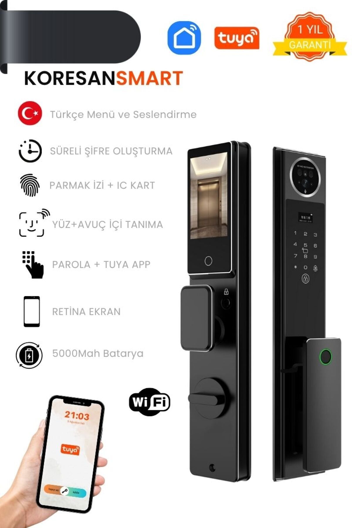 Tuya Akıllı Kapı Kilidi - Yüz Tanıma - Parmak izi - Wifi - Parola - AK2 Model