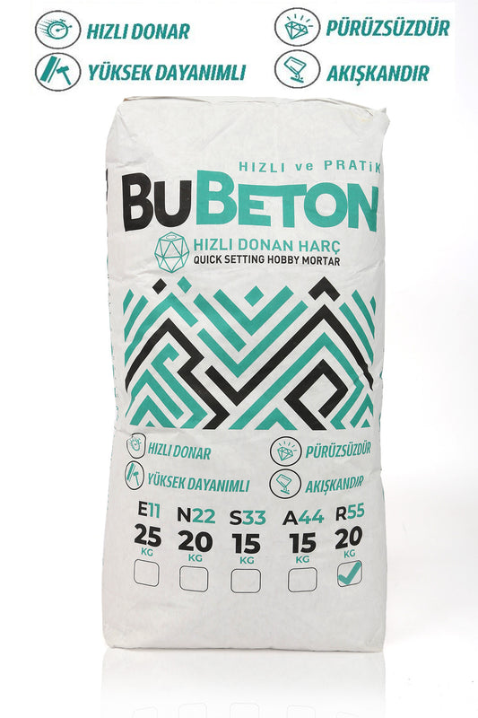 BuBeton Profesyonel Beton Harcı Hızlı Donan Premium Taş Tozu Saksı Döküm Hobi Harcı Beyaz 20 Kg