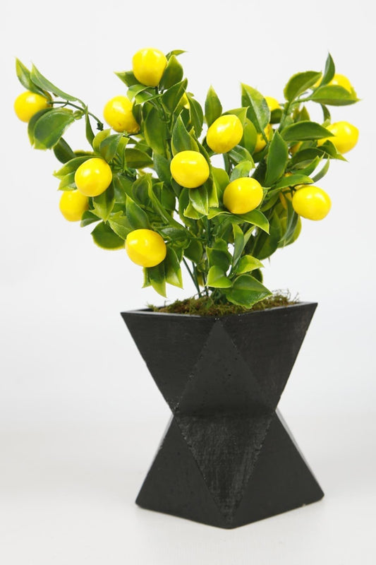 Siyah Beton Saksıda Limon Ağacı Yapay Ağaç Vazoda Yapay Bitki