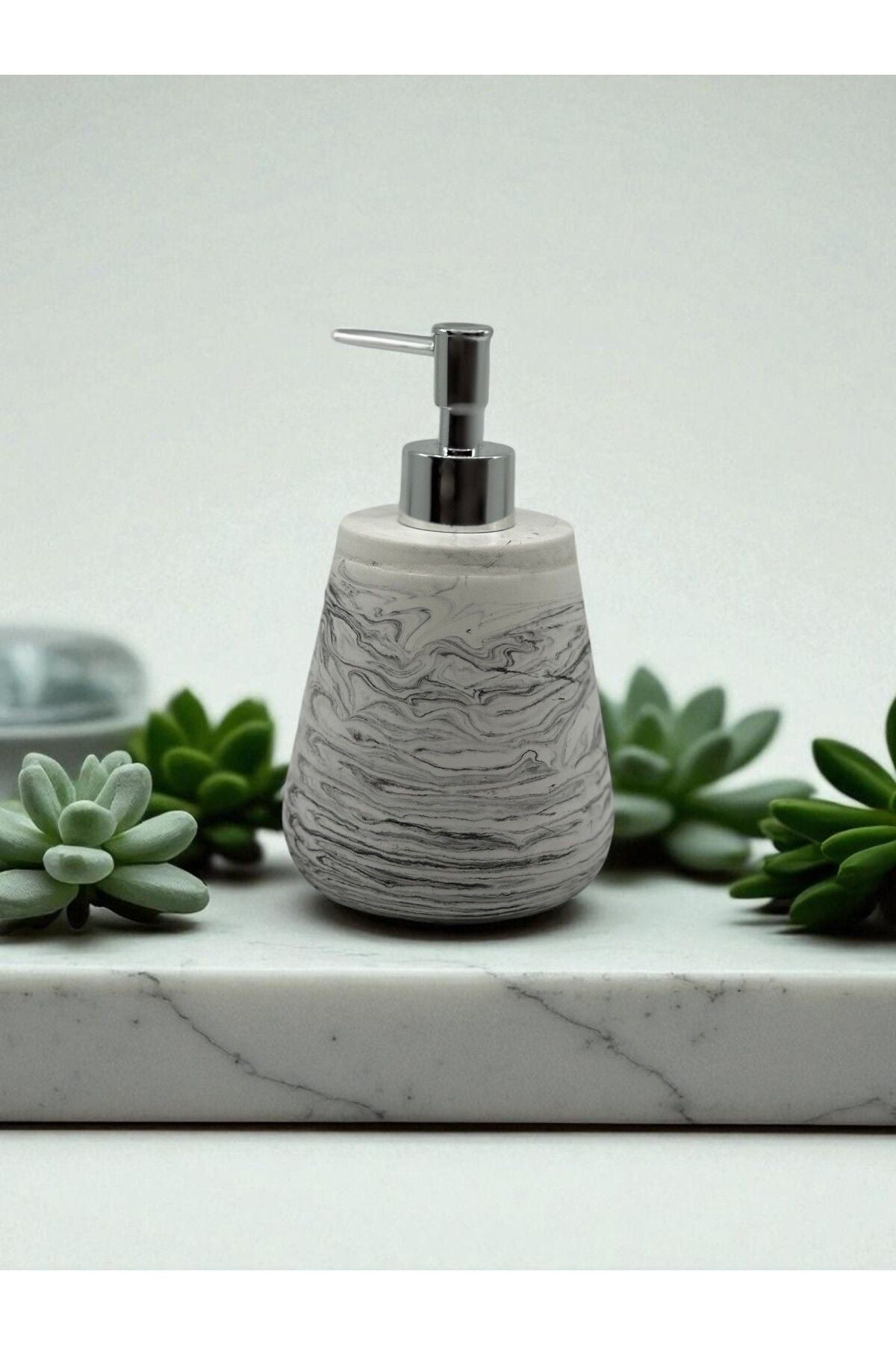 11 Parça Mermer Desenli Beton Banyo Seti | Sabunluk, Diş Fırçalık, Çöp Kovası, Klozet Fırçası