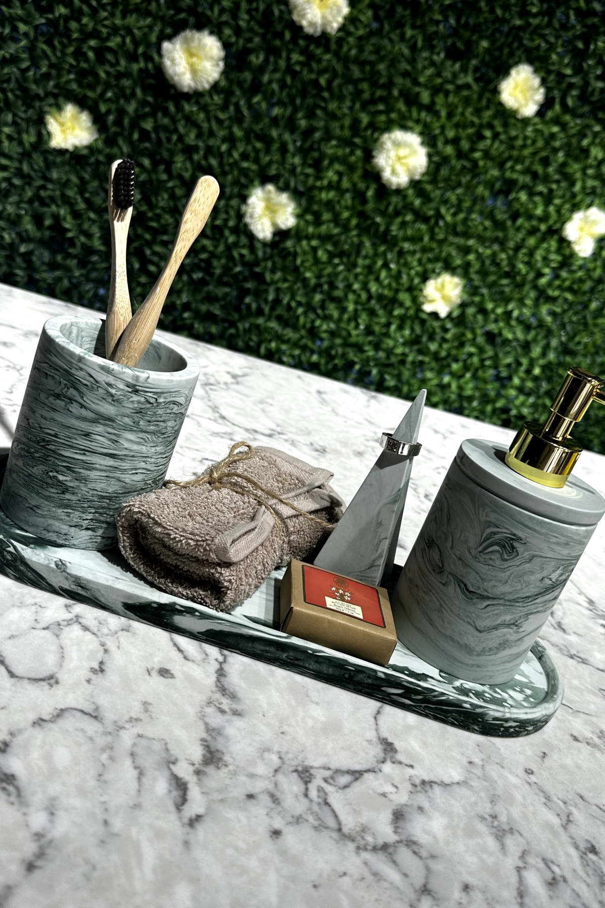 Yeşil Mermer Desen Beton Sıvı Sabunluk Diş Fırçalık Set
