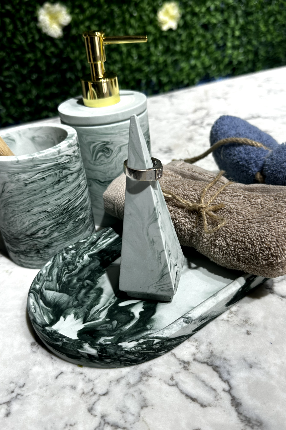 Yeşil Mermer Desen Beton Sıvı Sabunluk Diş Fırçalık Set